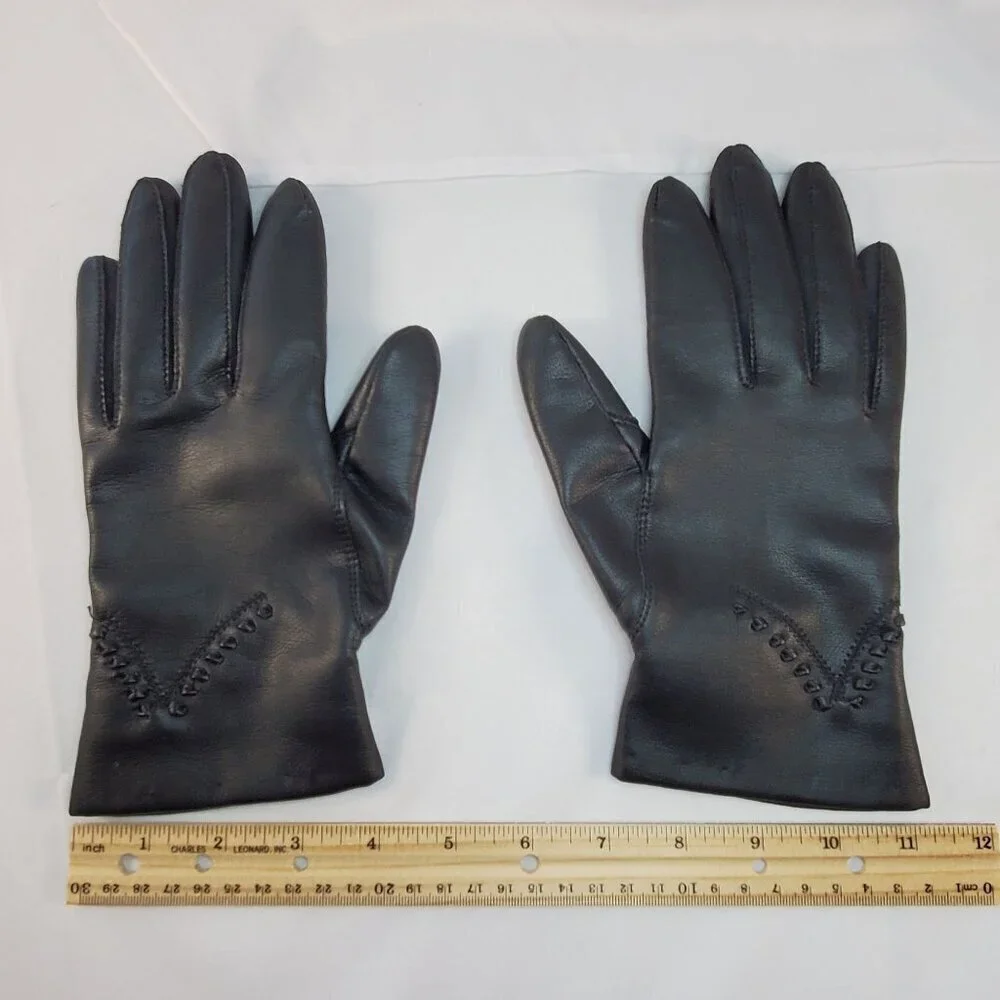 Vintage Avon Womans Black Vinyl Gloves Lined W/ Fleece Size Small Driving Gloves